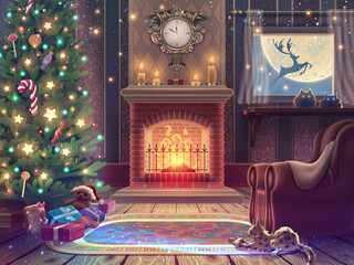 Magic Happy New Year greeting card with Christmas tree, gifts, candies, fireplace and armchair in magic luxury room. Vector digital merry holiday illustration.