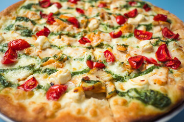 Closeup of freshly baked pizza in restaurant.