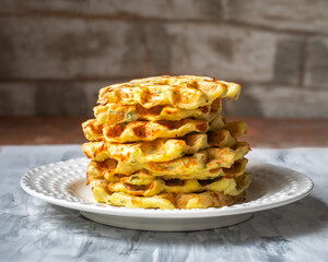 Stack of vegetable waffles on white plate in rustic kitchen