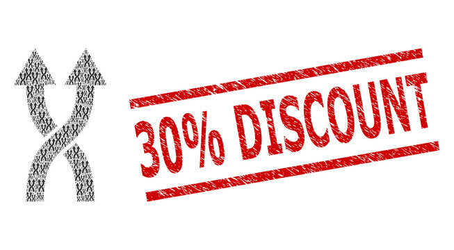 Fractal combination shuffle arrows up and 30% Discount rubber stamp seal. Vector collage is done with recursive shuffle arrows up icons. Stamp seal includes 30% Discount title between parallel lines.