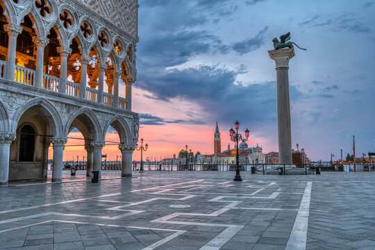 Dramatic sunrise at the Piazzetta San Marco and the Palazza Ducale in Venice, Italy