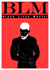 Poster - Black Lives Matter. A silhouette of a black man with white hair on the red background with BLM slogan above. 