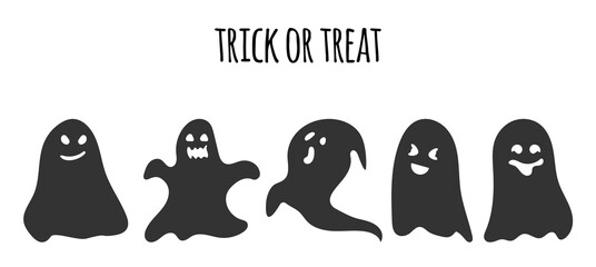 Black silhouette ghost set. Happy Halloween character with scary or surprised face shape. Creepy funny cute spook. Great for design postcards on holiday. October horror. Isolated vector illustration