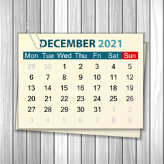 Calendar December 2021 on wood