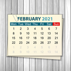 Calendar February 2021 on wood