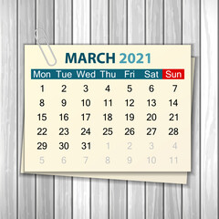 Calendar March 2021 on wood