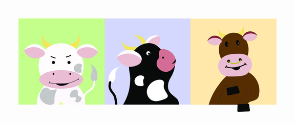 funny bulls on bright postcards, new year 2021, year of the metal bull, vector graphics