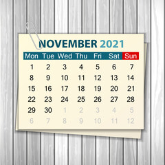 Calendar November 2021 on wood