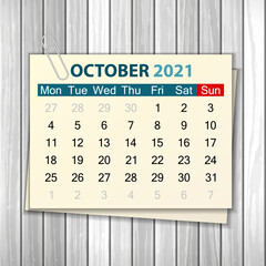 Calendar October 2021 on wood