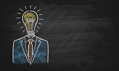 Businessman with light bulb head. Hand drawn creative idea concept. Chalk board vector background.