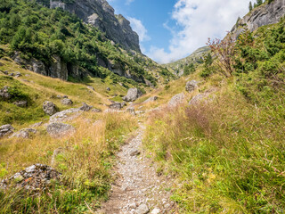 Scenic ladscape with Deer Valley (Valea Cerbului) on the way to Omu peak, the highest peak in Bucegi Mountains, Romania.