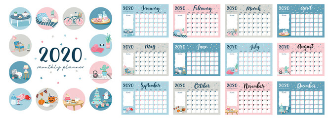 2020 calendar with calligraphy lettering on colorful pattern background. - obrazy, fototapety, plakaty