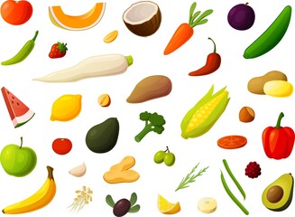 Vector illustration of various produce fruits and vegetables isolated on white background