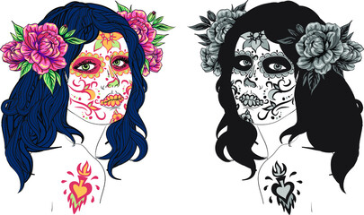  face of a girl from a sugar skull with a hand drawn wreath of flowers, an example of makeup for a halloween sugar face. white background isolated