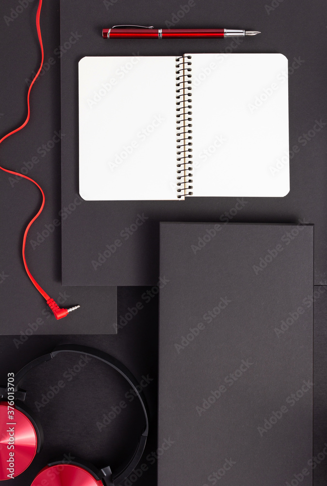 Wall mural notebook with pen and headphones