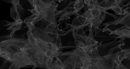 Floating white smoke on black background. Dry ice smoke fog Abstract smoke clouds. Haze background. 3D illustration