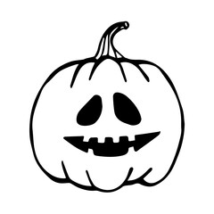 Halloween vector illustration. Hand drawn pumpkin with scary face isolated on white background. Doodle style. Spooky character for banner, poster, invitation or festive decoration, design.