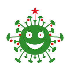 Green cartoon coronavirus bacteria with red christmas tree balls and star on the top. Isolated on white background. Vector stock illustration.