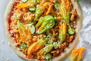 Ingredients for vegetarian pizza with chanterelles, zucchini and mozzarella