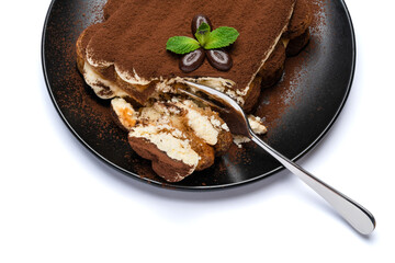 portion of Classic tiramisu dessert on ceramic plate isolated on white background with clipping path