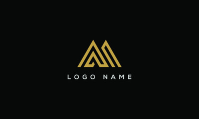 Mountains Logo Monogram M Letter, Initial Gold letter AM MA Logo Design with black Background Vector Illustration Template