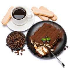 portion of Classic tiramisu dessert, savoiardi cookies and cup of fresh espresso coffee isolated on white background with clipping path