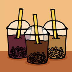vector illustration of bubble tea isolated on brown background. boba time, hand drawn vector. simple sketch with pen. modern scribble for kids, sticker, clip art, wallpaper. doodle boba, cartoon style