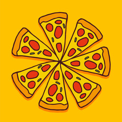 vector illustration of pizza in six pieces isolated on yellow background. hand drawn vector. colorful doodle art. modern scribble for kids, wallpaper, sticker, clip art. simple sketch, drawn with pen.