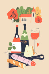 Cute village landscape and traditional food and drinks. Vector illustration. - 376015738