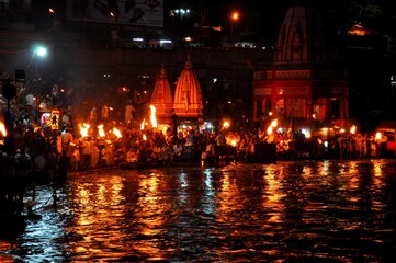 Evening prayers at the banks of a holy river in Haridwar