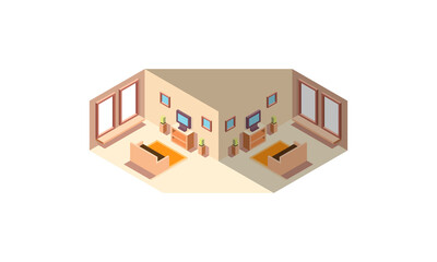 Working room office in house ,isometric and perspective design, computer and sofa interior design, vector art and illustration.