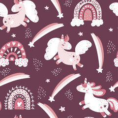 Magic background with little unicorns and rainbows.  Modern baby pattern. Vector illustration.