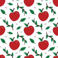 Red apples and green branches with leaves vector cartoon style seamless pattern background.
