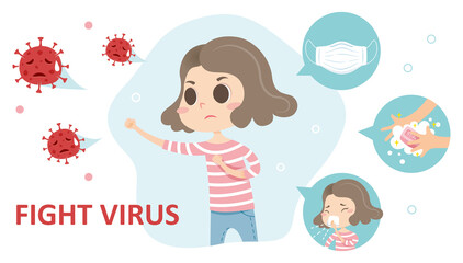 Cartoon girl character fighting with virus.