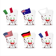 Blank sheet of paper cartoon character bring the flags of various countries