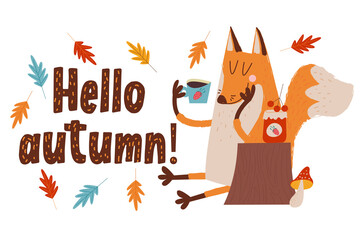 Hello, autumn. Cute red Fox drinking tea with jam.