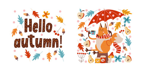 Hello, autumn. Cute red Fox with an umbrella drinking tea.