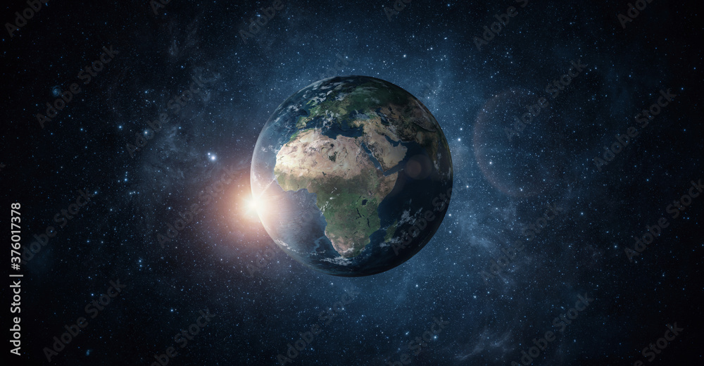 Wall mural panoramic view of planet earth with copy space, 3d render created with nasa textures from https://vi