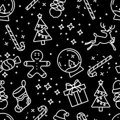 Black and white new year seamless pattern with Christmas drawn elements on black background