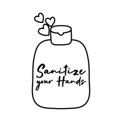 sanitize your hands campaign lettering with soap bottle and hearts line style