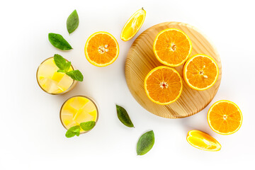 Glass of orange juice healthy drink on a white background top view copy space