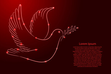 International day of peace, symbol of dove with branch from the contour classic red color brush lines different thickness and glowing stars on dark background. Vector illustration.