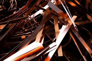 A scrap of old wired and sheet copper material from a recycling company in the purpose of wallpaper...
