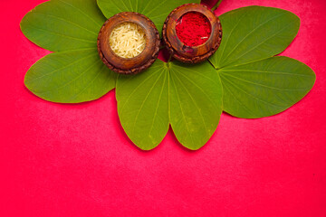 Indian Festival Dussehra , green leaf and rice