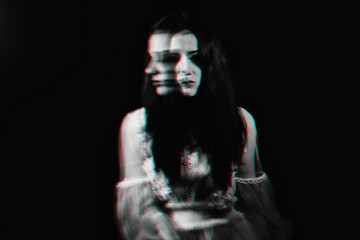 crazy portrait of a girl with mental disorders and schizophrenic diseases with blur - obrazy, fototapety, plakaty