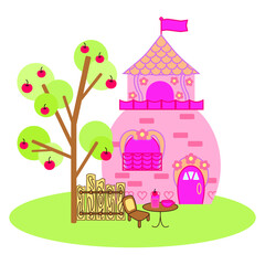 Country house and bike. Color vector illustration in a cartoon style.