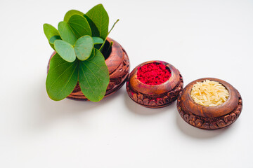 Happy Dussehra greeting card , green apta leaf and rice, Indian festival dussehra