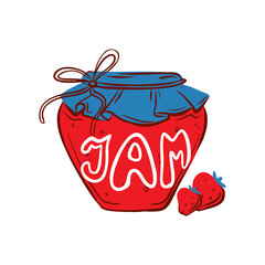 Strawberry jam jar.  Hand drawn illustration for sticker, pattern, logo design and other autumn design.  Hygge. Healthy food, diet, organic food.