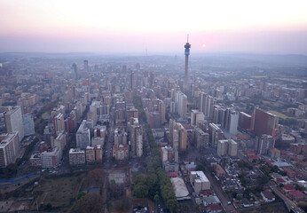 Fototapeta premium Aerial view of Johannesburg CBD at sunset, South Africa