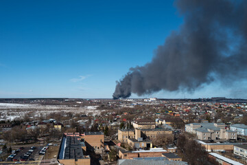 Fototapeta premium Moscow region/Russia - January 2020: a Fire outside the city. Lots of smoke.